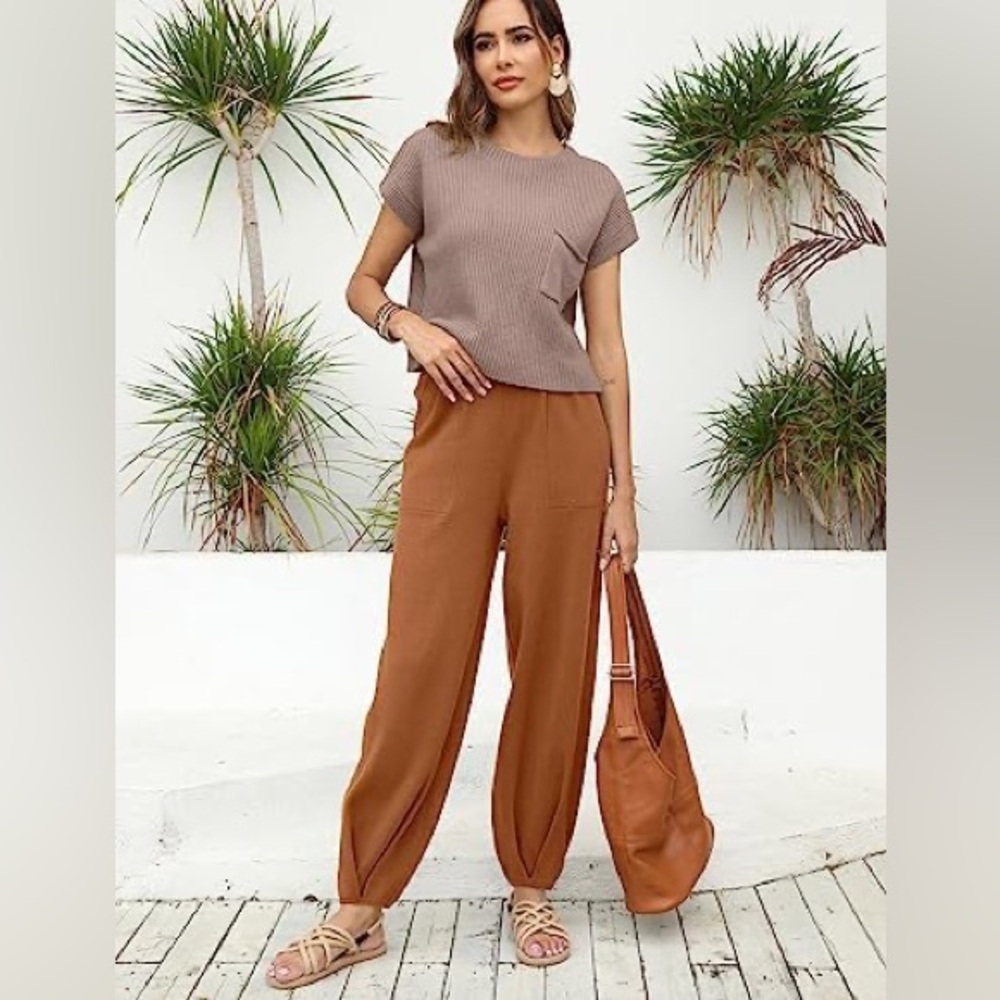 NEW Women's Brown Wide-Leg High Waist Knit Pants - Picture 2 of 8